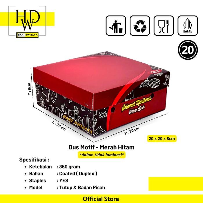 Kemasan Dus / Kotak Nasi dan Snack Ukuran 20x20x8cm Full Colour - Motif Merah Hitam