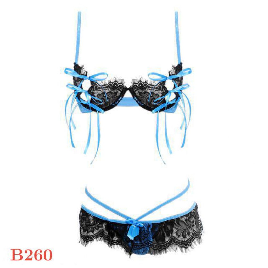 B260 - Bra Set Underwire Kawat Open Cup Biru Celana Dalam