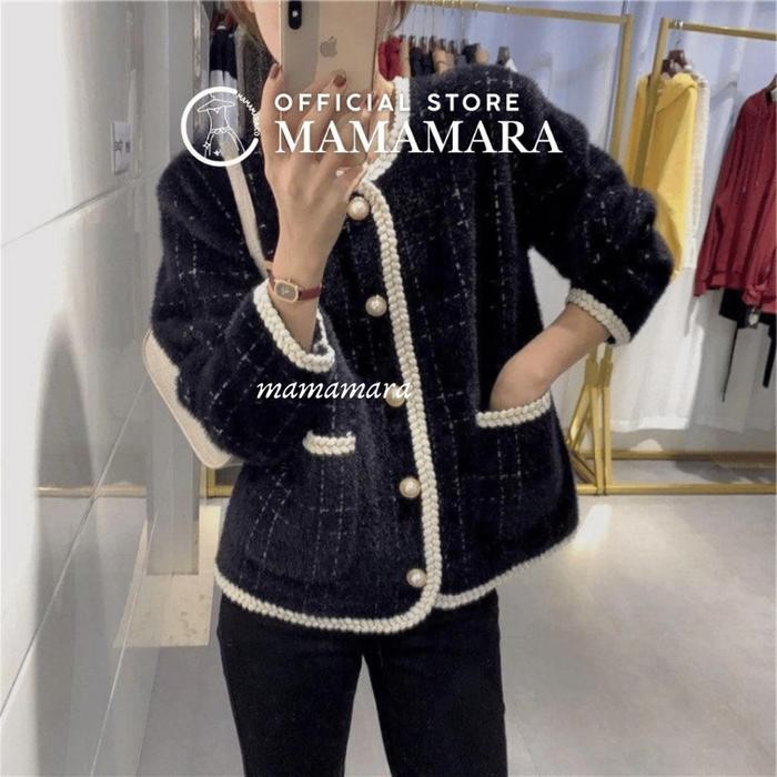 tvz6- Mamamara - Blazer Bulu Polos Garis Santai Wol Setrip Panjang Hitam Putih Outer Variasi