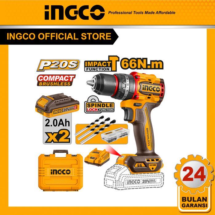 Ingco 20V 66Nm Bor Impact Cordless Kompak Tanpa Sikat 2 Kecepatan Dengan 2 Pcs Paket Baterai 2.0Ah,