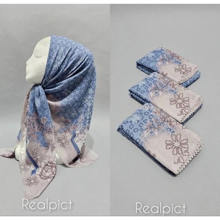 TERMURAH Hijab Segi Empat Voal Motif Kotak Warna Biru Cream Jilbab Terbaru READY STOCK