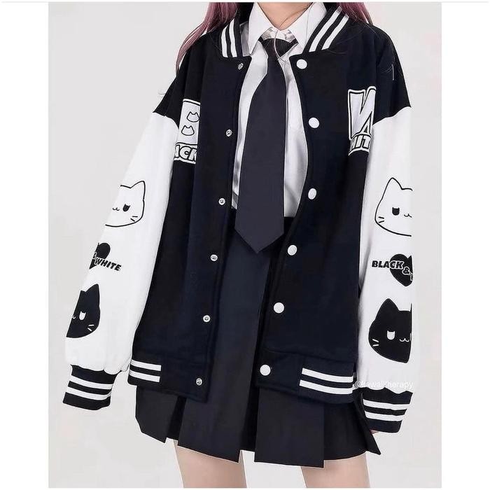 DISKON BLACK WHITE JAKET BASEBALL VARSITY WANITA OVERSIZE / JAKET VARSITY WANITA / JAKET BOMBER