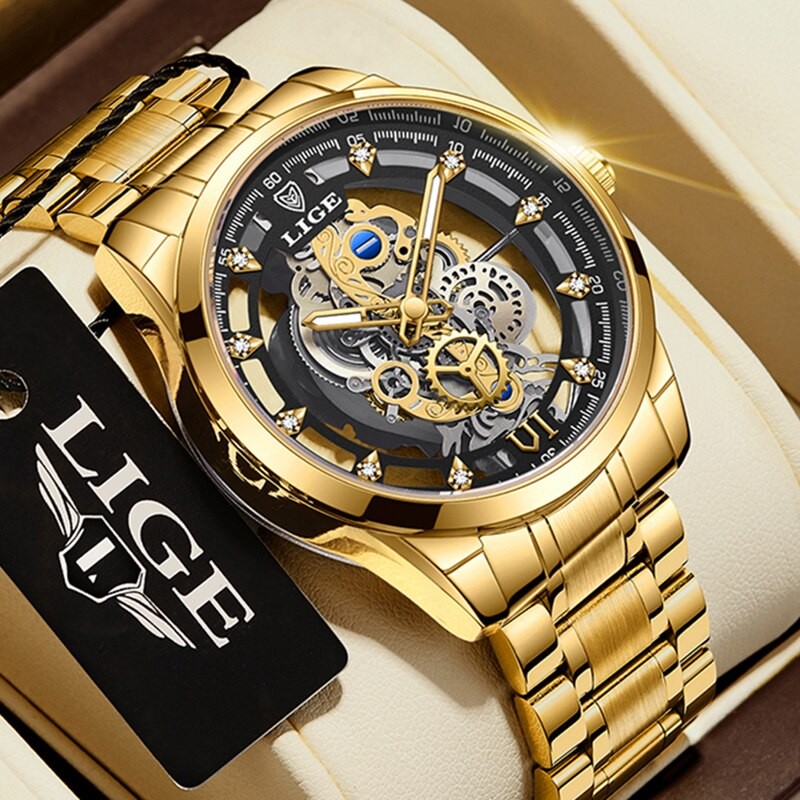 IMPORT LIGE New Men Watch Skeleton Quartz Wristwatch Gold Skeleton Retro Man Watch Top Brand Luxury