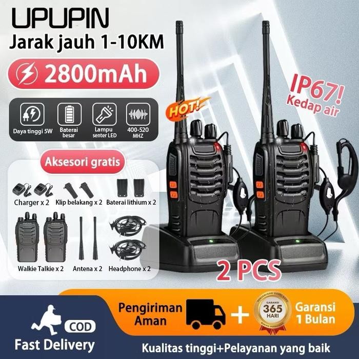Ready UPUPIN HT Walkie Talkie 2 Unit - Jarak Jauh 10km, 2800mAh, UHF, Waterproof, Dengan Charger &