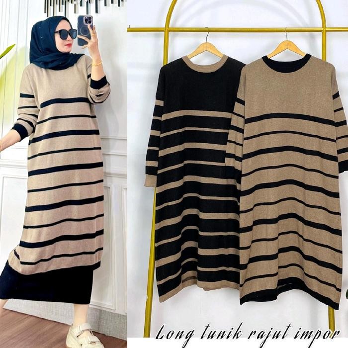 tunik wanita rajut import terusan motif salur Panjang
