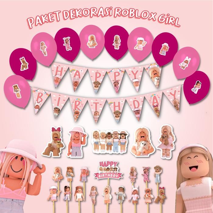 mhho- Dekorasi Ultah Roblox Girl Cewe Hbd Happy Birthday Hiasan Banner Balon