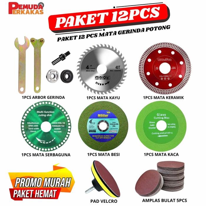 PAKET LENGKAP 12 PCS Mata Gerinda Potong Kayu Kerak Besi Amplas Poles Asah Amplas Mata Grinda 4 Inch