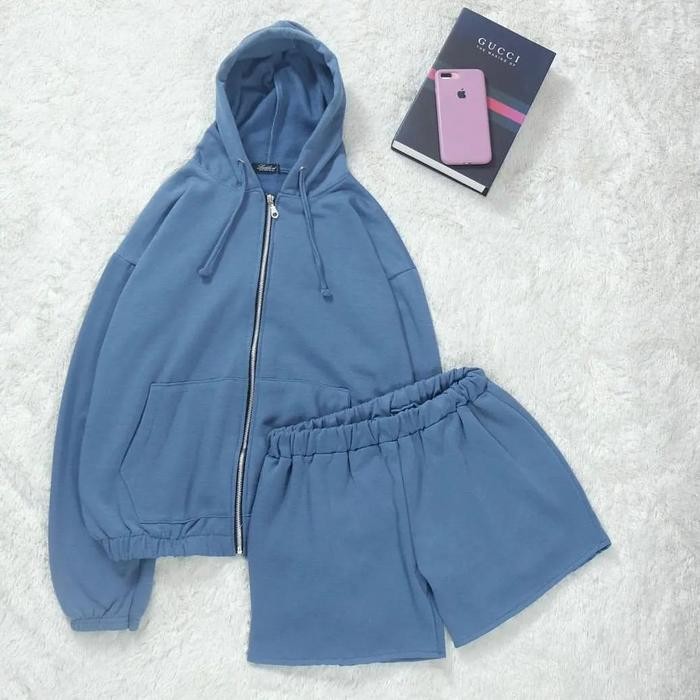 080j- Setelan Wanita Joy Oneset Jaket Hoodie Dan Celana Pendek Fleece Kasual Oversize