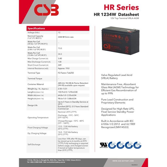 4jg2- Aki Ups Csb Hr 1234 Hr1234 Baterai Ups 12V 9Ah Batere Ups 12V 34W Vrla