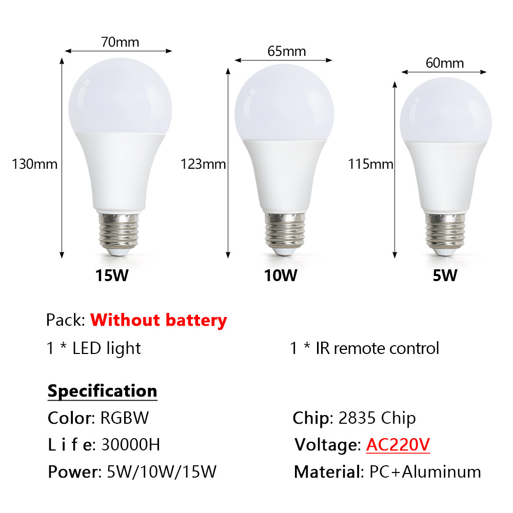 220V E27 LED RGB Lamp Spotlight Bulb 5W 10W 15W IR Remote Control Led Light Bulb 2835SMD Colorful Sm