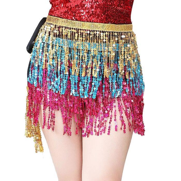 Belt Belly Dance Rok Mini Belly Dance Sequin Payet dengan Pinggiran - Merah, Pinggang Elastis Costum