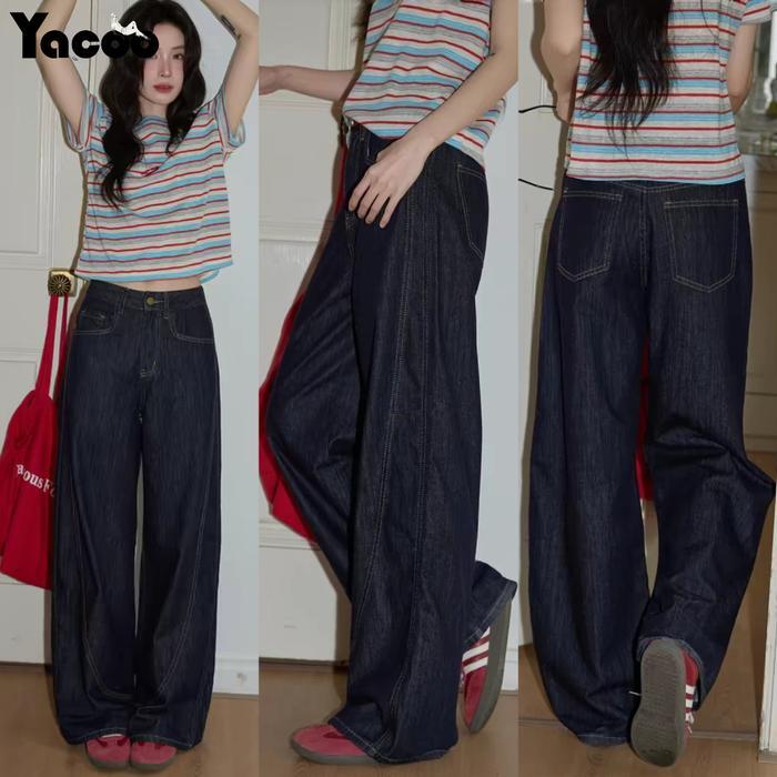 Yacoo Celana Denim Lurus Melengkung Oversize Highwaist Celana Kulot Wanita Hitam Gaya Cutter Bentuk