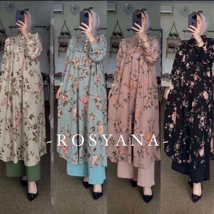 Setelan Long Tunik Motif Bunga Jasmine Kecil Bahan Rayon Diamond Celana Cringkel Terbaru 