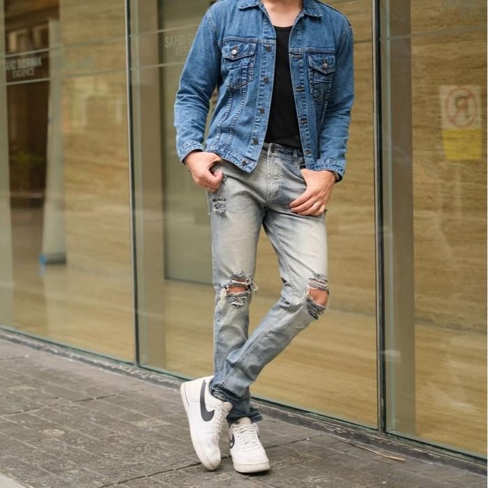 Pilihan- Weird Jeans - Vintage Blue - Celana Jeans Panjang Pria Slimfit Strech Ripped Biru