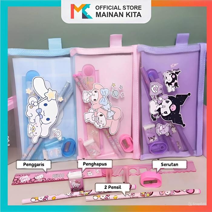 

New MK923 Paket Pouch Ziplock Set Alat Tulis Sekolah Pensil Plastik 7 in 1 Motif Sanrio Stationery