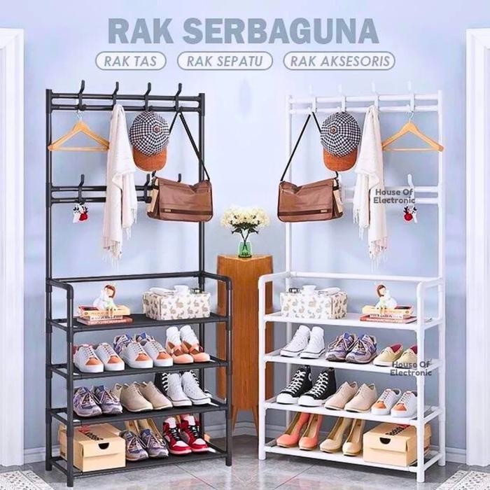 New Rak Sepatu 4 Susun Stand Gantungan 2 In 1 Serbaguna Stand Hanger Baju Dan Gantungan Tas