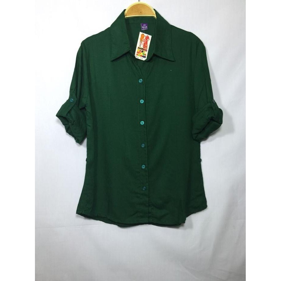 Kemeja Atasan Wanita Katun Rayon Adem dan Tidak Ciut Warna Hijau Botol