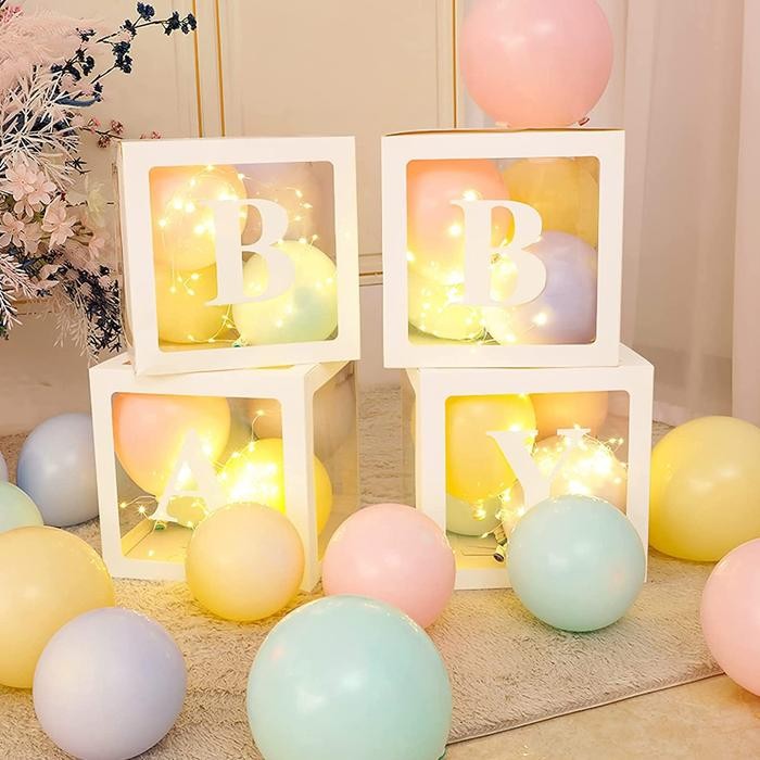 62eh- 4Pcs Putih Emas Box Balon Transparan /Box Balon Dekorasi /Box Huruf Transparan Baby