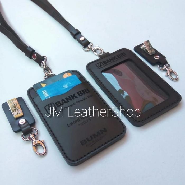 Gantungan Id Card Bank Bri Name Tag Kulit Asli Lanyard Kartu Bank Bri Pasti Promo