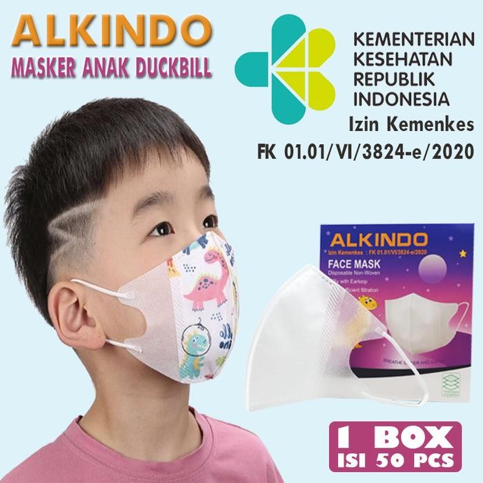 KJB MASKER DUCKBILL ANAK 3PLY ISI 50 PCS ALKINDO MEDIS POLOS FACE MASK