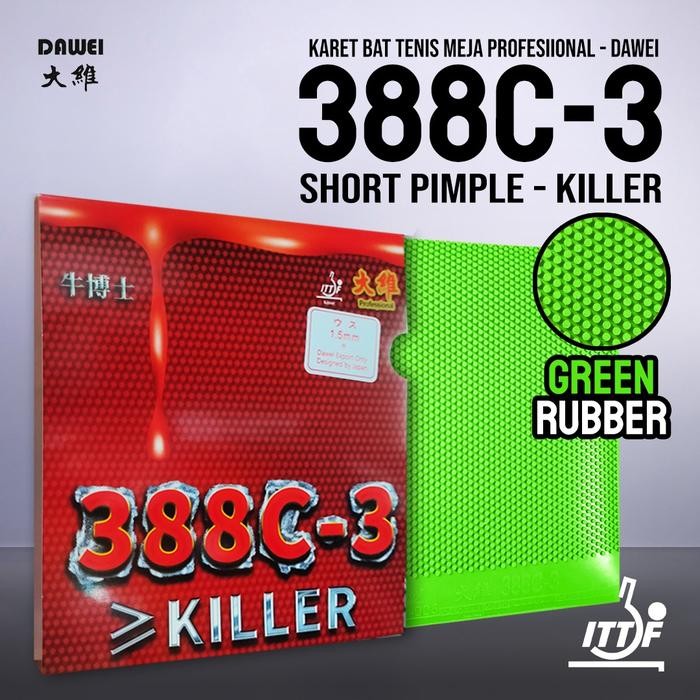 Karet Bat Tenis Meja Pingpong Dawei 388C-3 Killer Green Bintik Pendek Serang Jahat Original