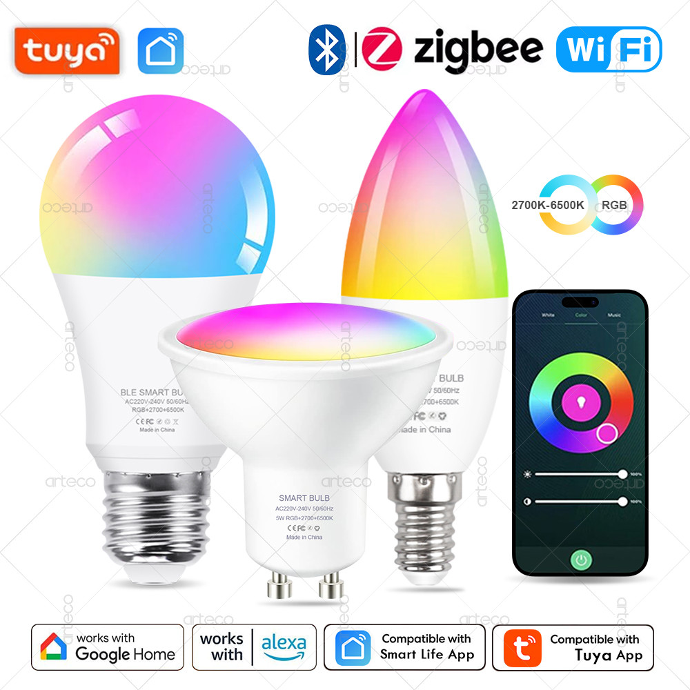 Tuya E27 E14 GU10 Bulb WIFI Zigbee Bluetooth,Dimmable Smart LED Lamp 2700-6500K RGB,LED Light Bulb