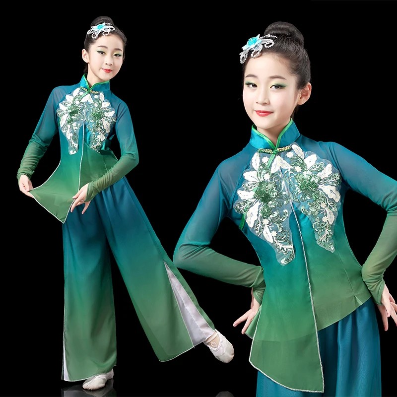 New Children'S Classical Chinese Costumes Yangko Dance Costumes Umbrella Fan Dance Chinese Style