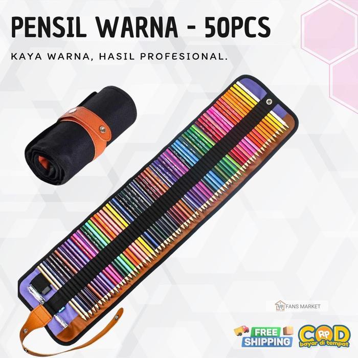 Best Seller Set Pensil Warna Premium 50pcs + Tas Gulung Colored Pencil Drawing Art Set Pre-Sharpened