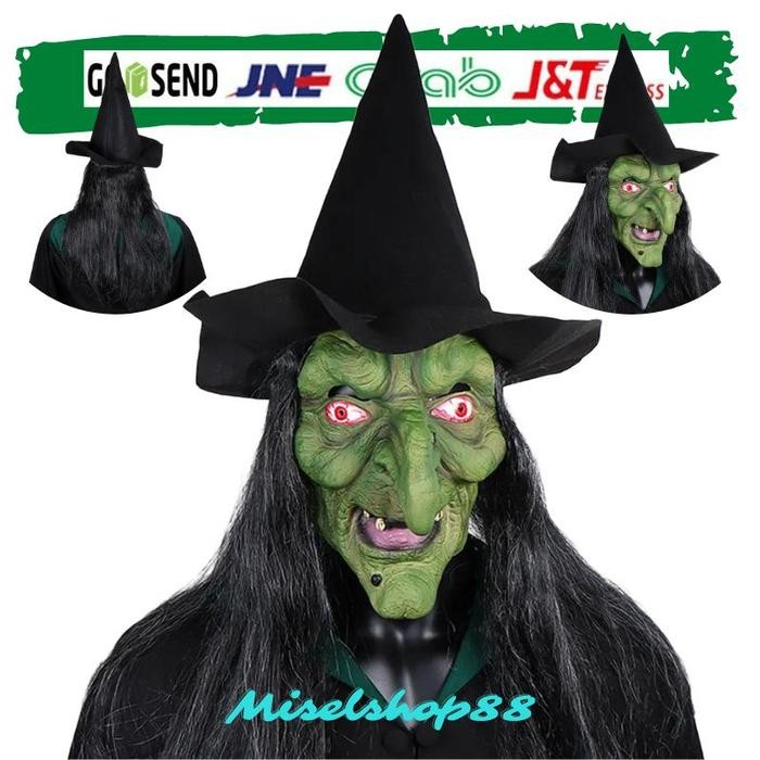 Topeng mak lampir nenek sihir hijau witch penyihir shrek ogre latex