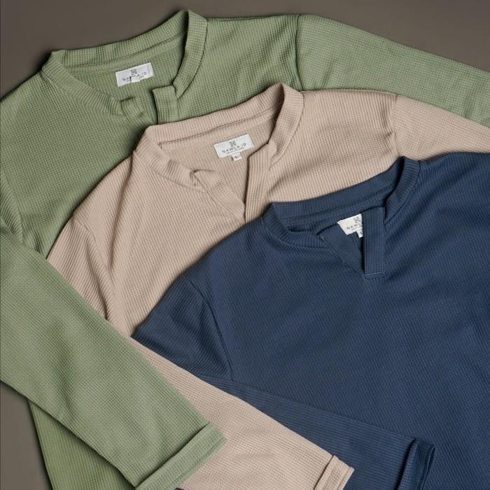 nawla - Atasan Pria Kaos Lengan Panjang Waffle Knit Shirt Kerah V-Neck