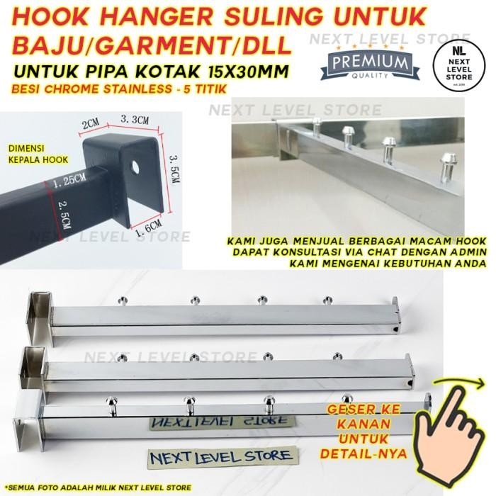 RJ Hook Hanger Suling Besi Chrome 5 Titik Pipa Kotak Display 1530 mm Gantungan Baju Etalase Toko
