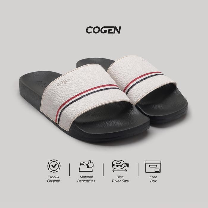 Brodo - Sendal Selop Pria Putih Sandal Slop Kasual Rubber Leather Stripe Series - Stripe White
