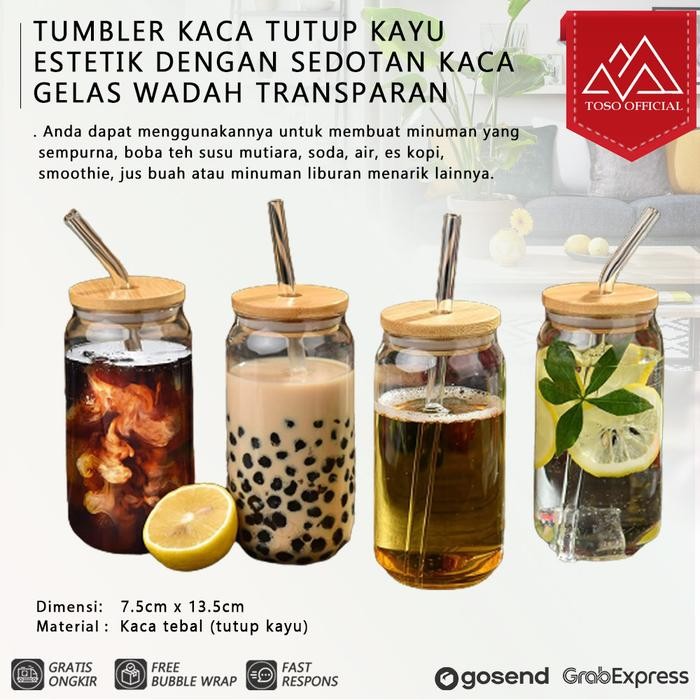 DISKON TUMBLER KACA TUTUP KAYU DENGAN SEDOTAN GELAS KOPI TEH GELAS KALENG READY STOCK