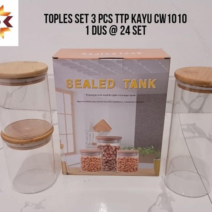 Toples Kaca Set 3pcs Tutup Kayu Serbaguna