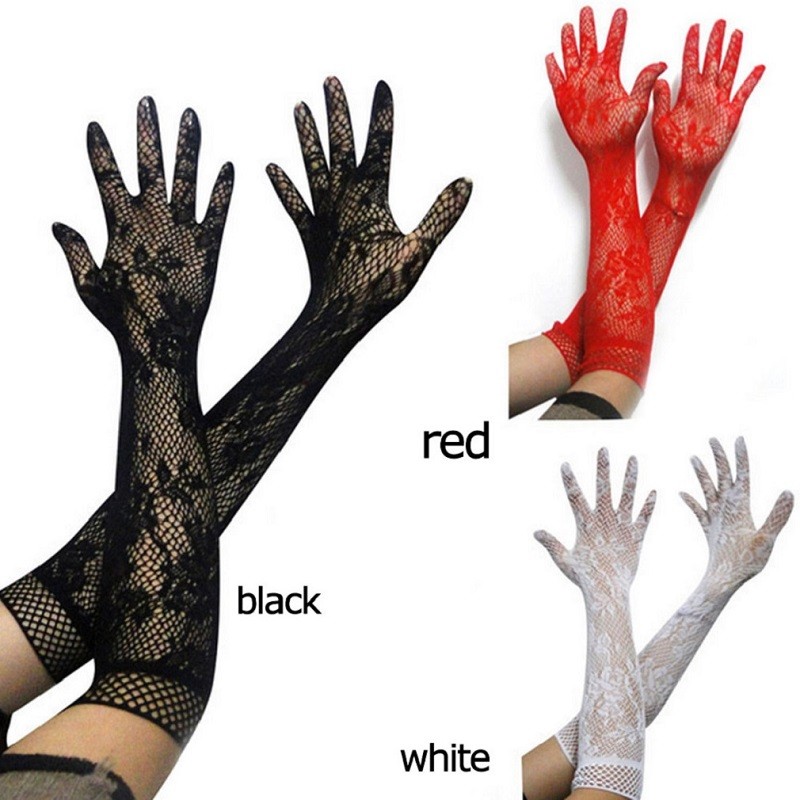 Ladies Sexy Transparent Mesh Floral Elastic Bride Long-sleeve Lace Gloves Gothic Punk Mittens Cospla