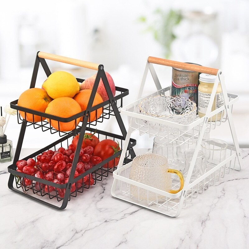 1pc 2-Tier Metal Fruit Basket Portable Kitchen Storage Countertop Shelf Rack for Fruits Vegetables H