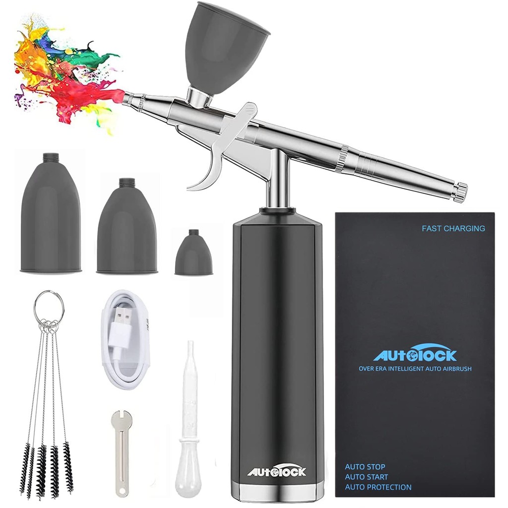 Autolock 30PSI Airbrush Kit, Rechargeable Cordless Airbrush Compressor, Auto Handheld Airbrush Gun, 