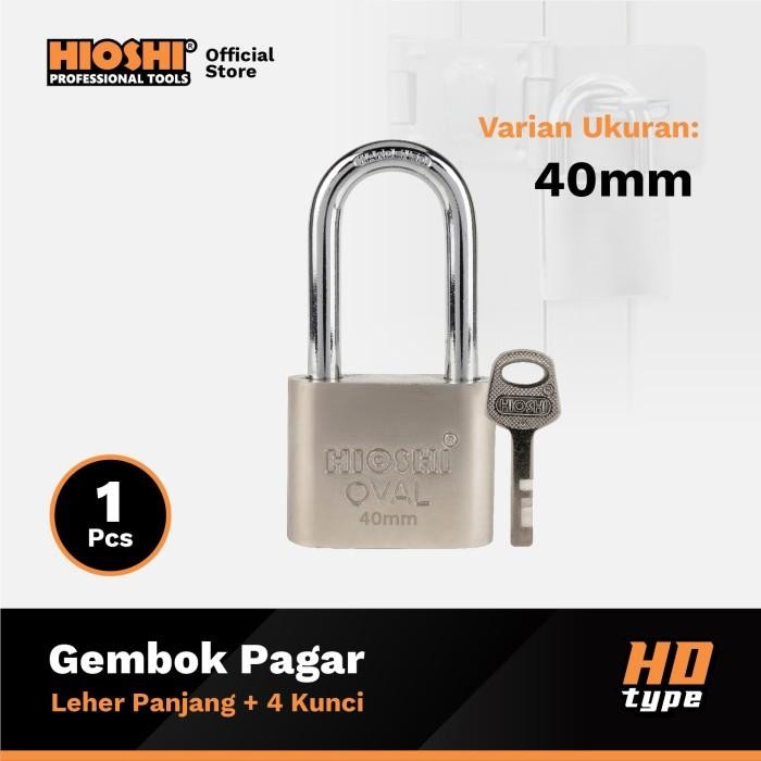 (Promo) HIOSHI /Gembok Oval/LEHER PANJANG/Besi/Baja/Pagar/Satin/30 40 50 60 mm/Blister/Kunci 4bh -