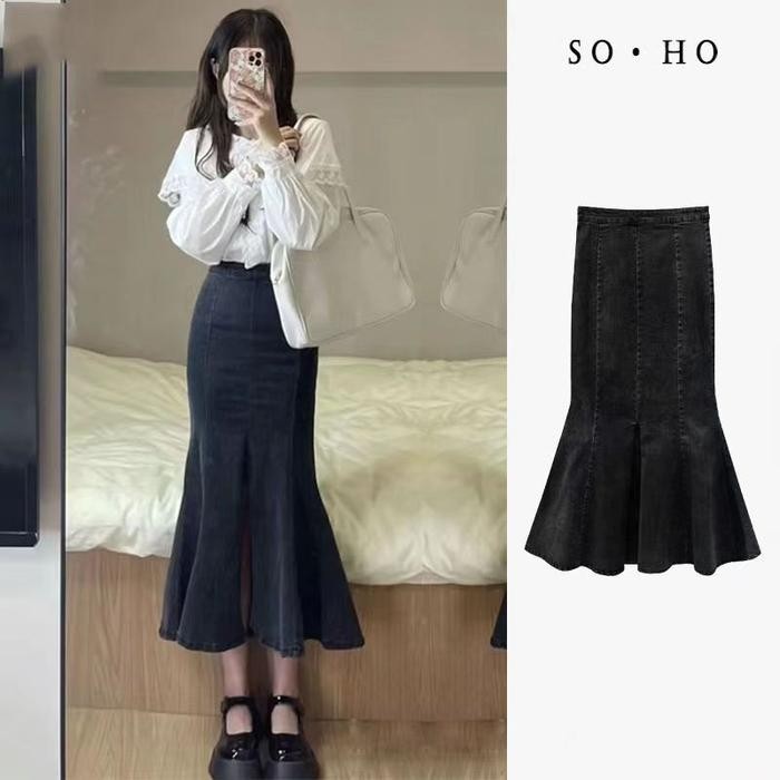 9qli- Fashion.JeansRok Duyung Rok Jeans Wanita Rok Span Hitam Rok Fishtail Belah Samping