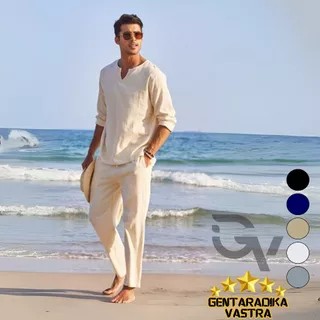 GV Setelan Kemeja Linen Pria V-Neck Adem || GV Setelan Kemeja Linen Pria V-Neck Kasual