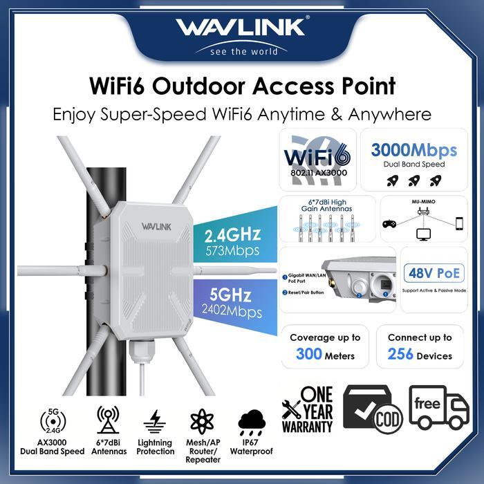 Best Seller Wavlink Titik Akses Luar Ruangan Ax3000 Wifi 6 Wl-Wn588Hx3 Ip67 6 Antena 7Dbi Jangkauan