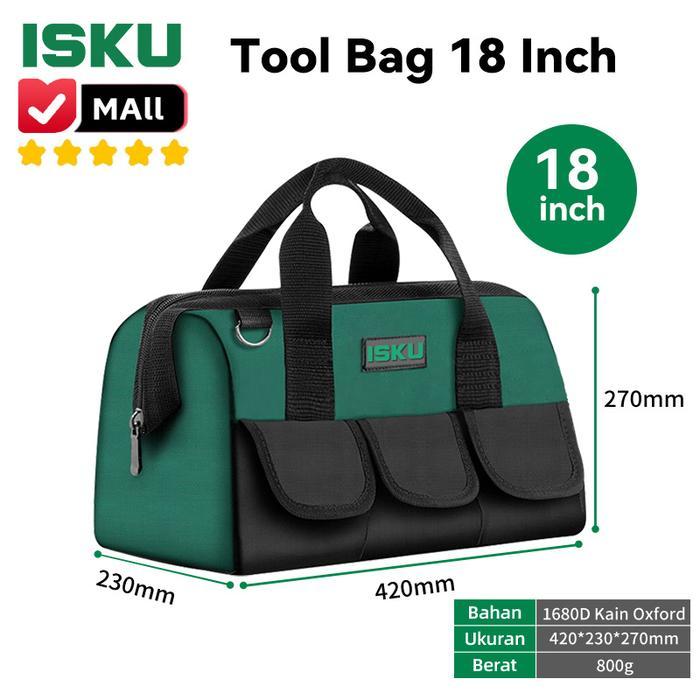 ISKU Tas Perkakas 18 Inch Kain Oxford 1680D Tebal Tahan Percikan Air Tool Bag Bengkel Tukang