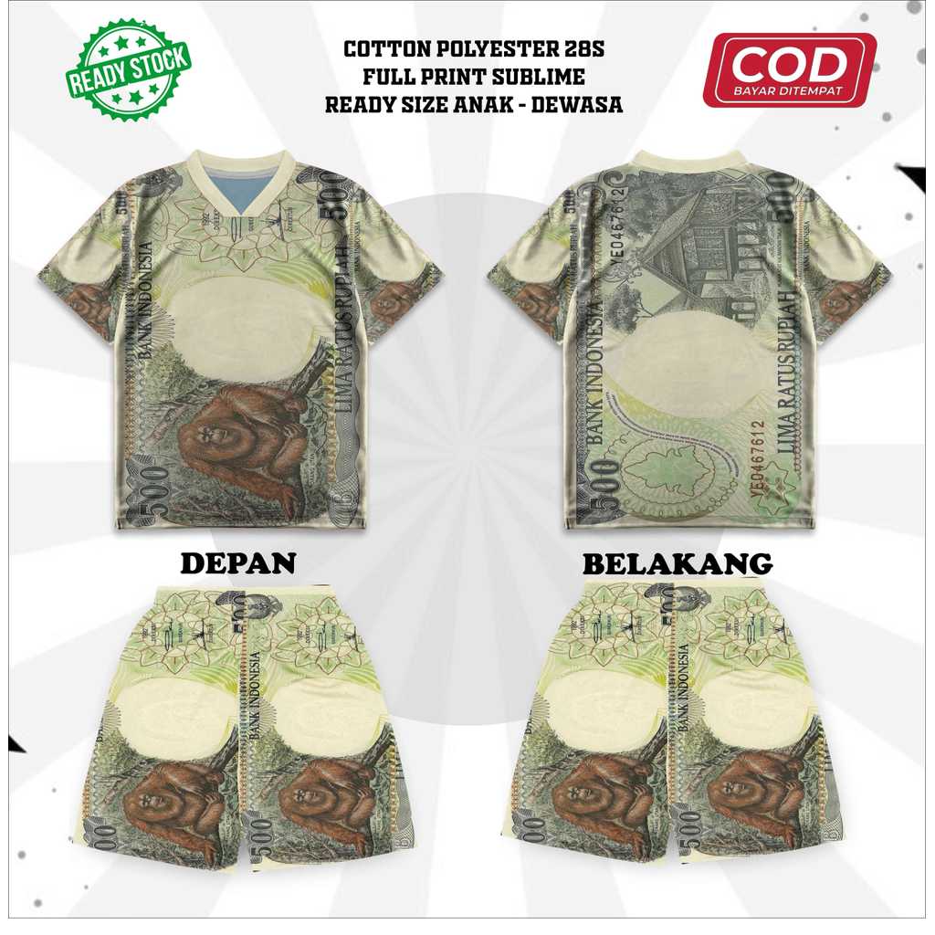 Setelan Jersey Motif Uang 500 Lima Ratus Monyet Jadul Baju Sport Duit Gambar Unik Full Printing Subl