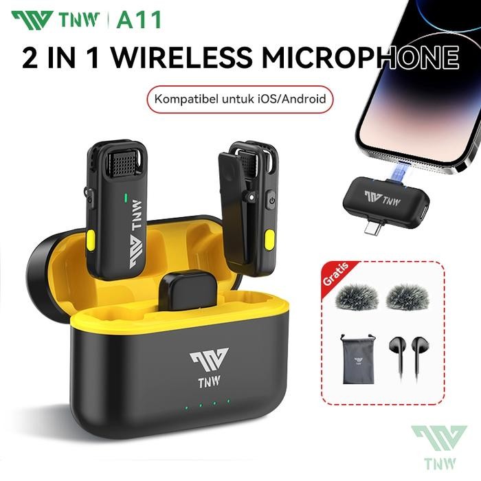 TNW A11 Wireless Microphone 2-In-1 Clip On Mic Wireless Dual Mic Mikrofon Tanpa Kabel Untuk Youtuber