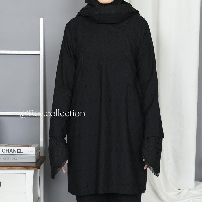Baju Umroh Haji Wanita Hitam Setelan Tunik Bordir + Bergo Dan Sarung Tangan