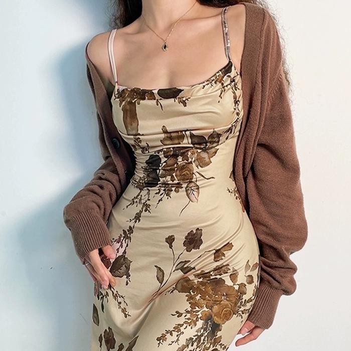 1318 vintage dress Gaun seksi midi iner dress tanpa lengan Pas Body beige mewah Gaun sexy Elegant