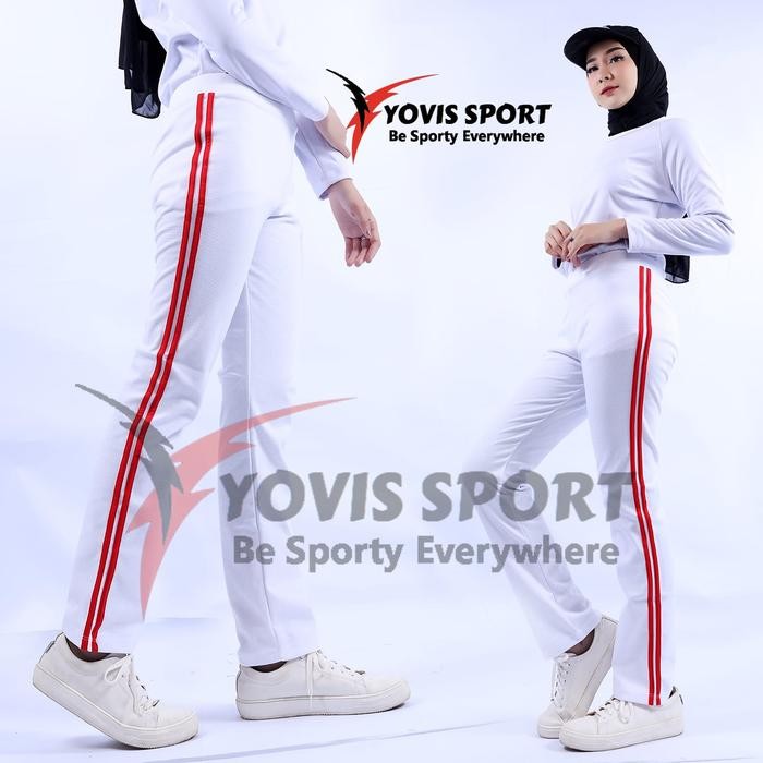 Pilihan- Celana Training Panjang Putih Dan Merah Lis 2 Yovis Sport Trening Olahraga Wanita