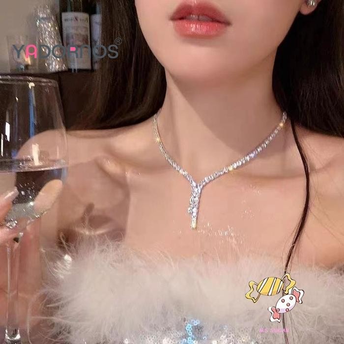 YADORNOS Kalung Crystal Set Anting - Kalung Pernikahan - Kalung Anting Liontin - Aksesoris Pengantin