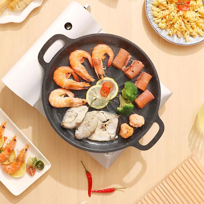 DJJ Grill Pan 32cm Teflon Anti Lengket Baja Tebal Alat Panggangan Daging Ikan Sayuran BBQ Ala