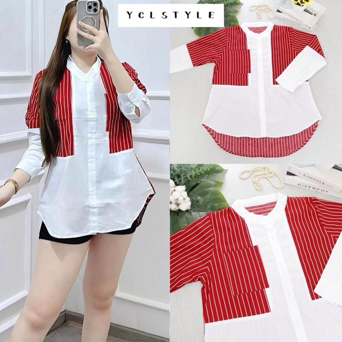 STELLA BLOUSE - ATASAN WANITA SALUR KOMBINASI MERAH PUTIH KATUN IMPORT BLUS WANITA MERAH PUTIH
